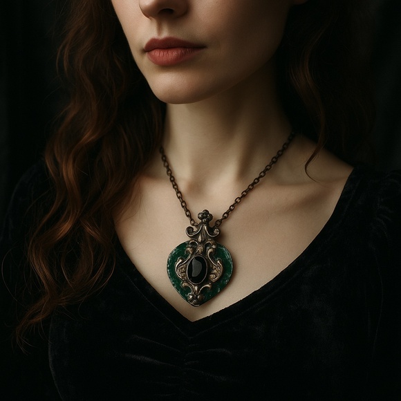 VINTAGE 1970s Victorian Revival Green Enamel Black Stone Silver Gothic Pendant - Picture 1 of 8